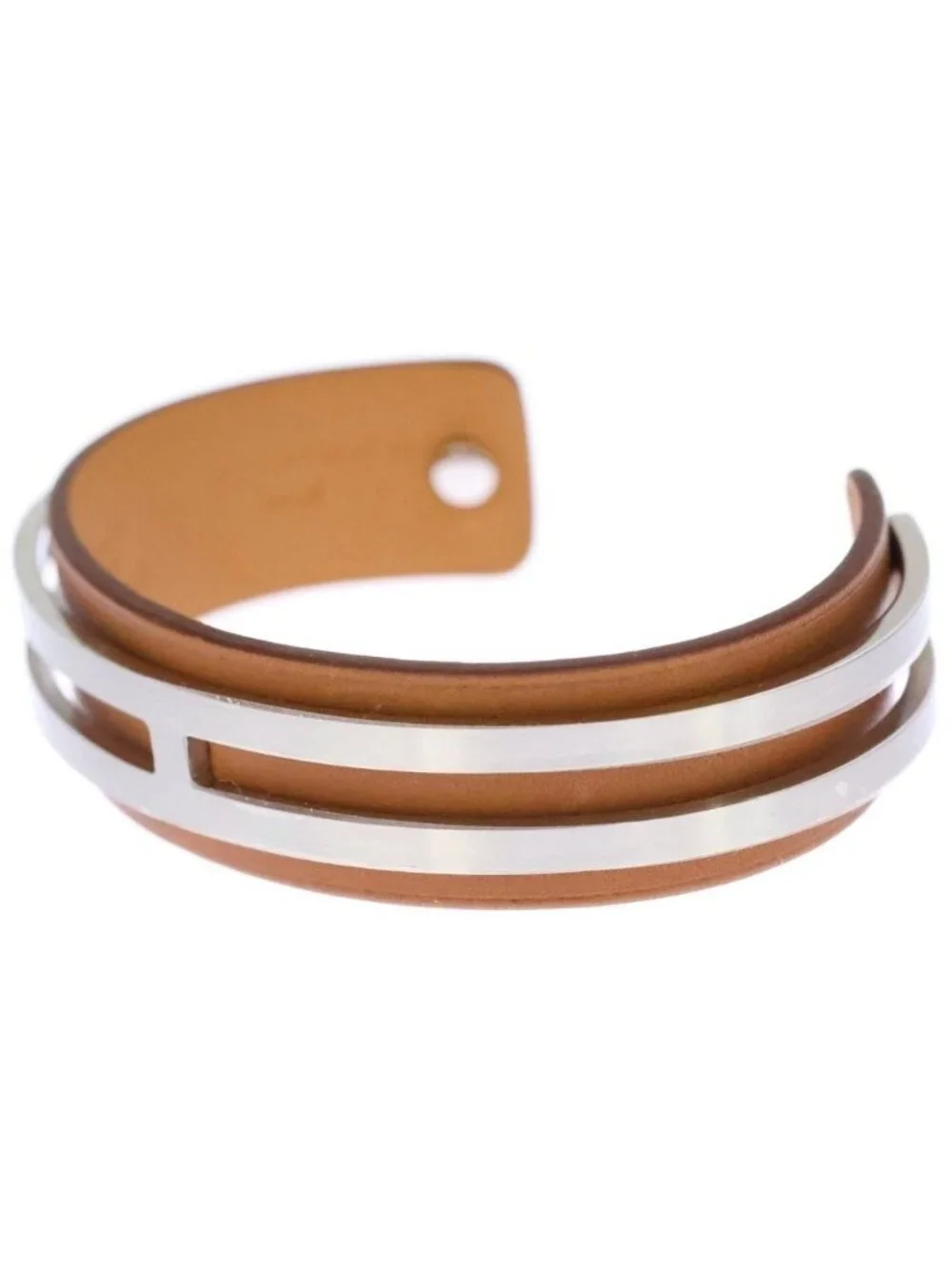 Hermes Leather Bangle Bracelet Silver Brown